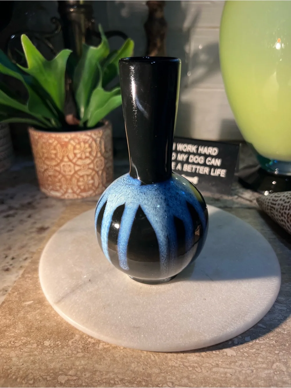Vintage Handmade Blue and Black Ceramic Bud Vase - no cracks